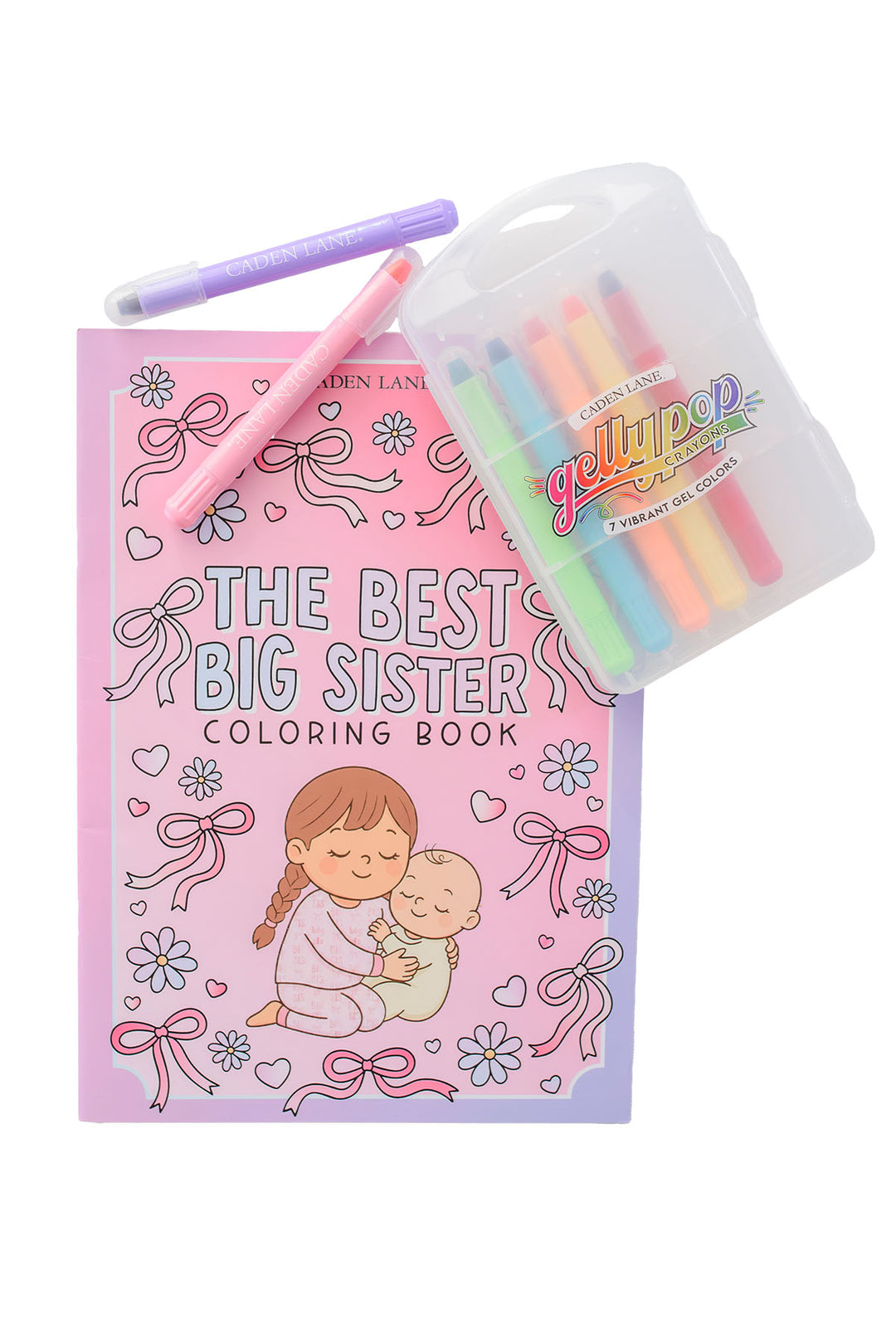 Caden Lane Best Big Sister coloring book with pink and purple gel pens and a pack of 7 Gellypop gel crayons.