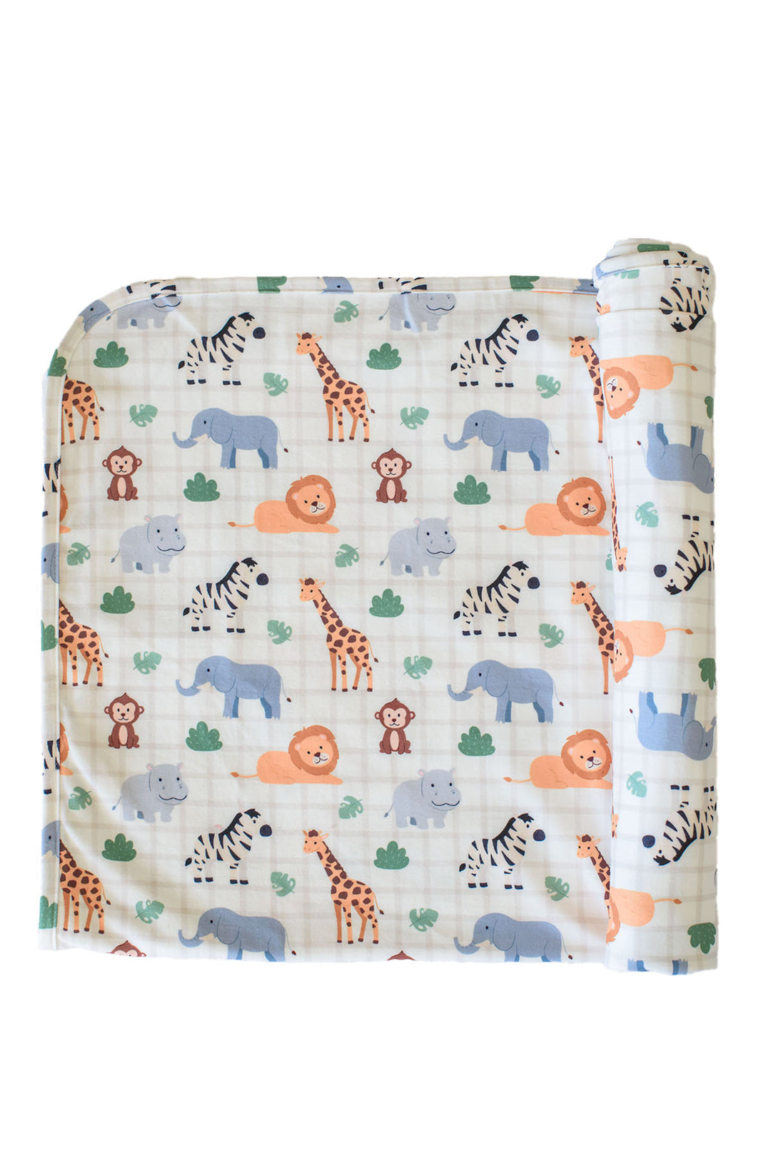 Partially rolled Caden Lane bamboo blanket in a Wild Child print featuring zebras, giraffes, elephants, lions, hippos and monkeys on cream plaid.