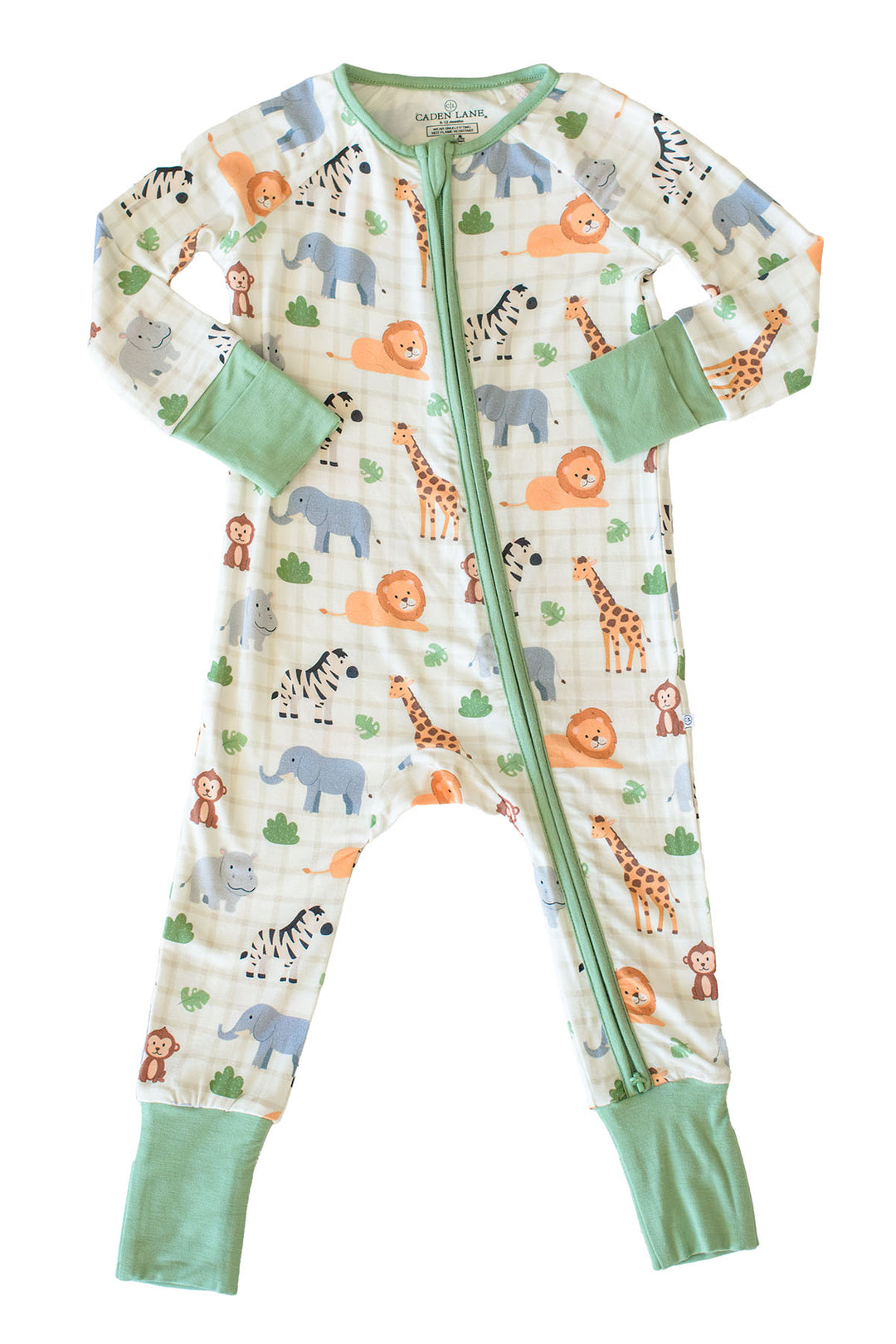 Flat lay of a Caden Lane convertible zip romper in a Wild Child print featuring safari animals on cream plaid, with a sage green zipper, neckline and fold-over cuffs.