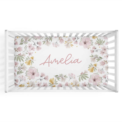 mauve and mustard floral personalized crib sheet 