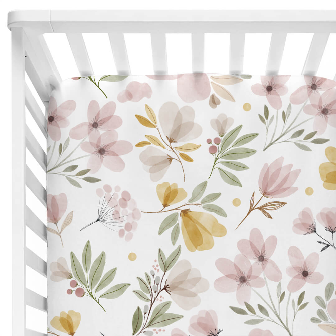 purple and yellow floral crib sheet 