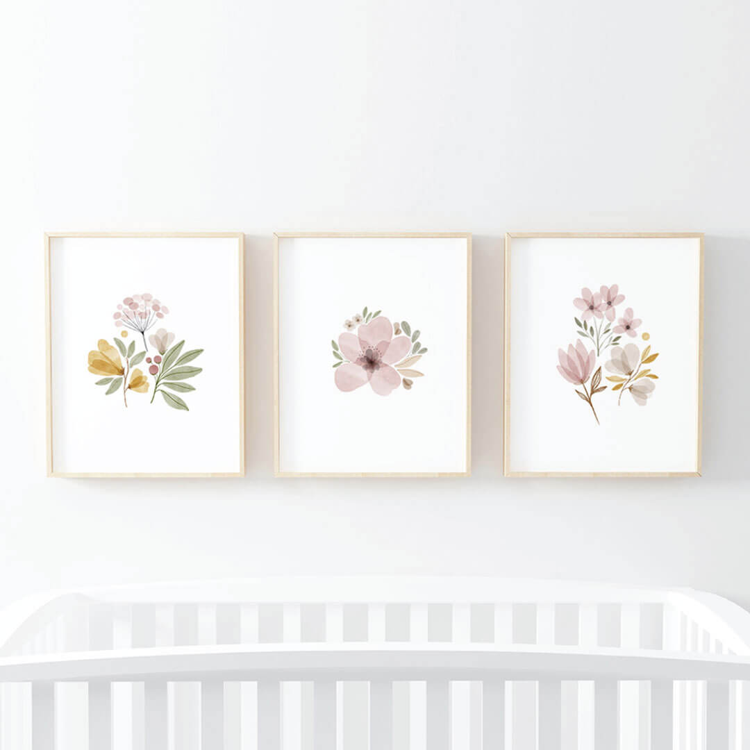 mauve and mustard floral nursery wall art 