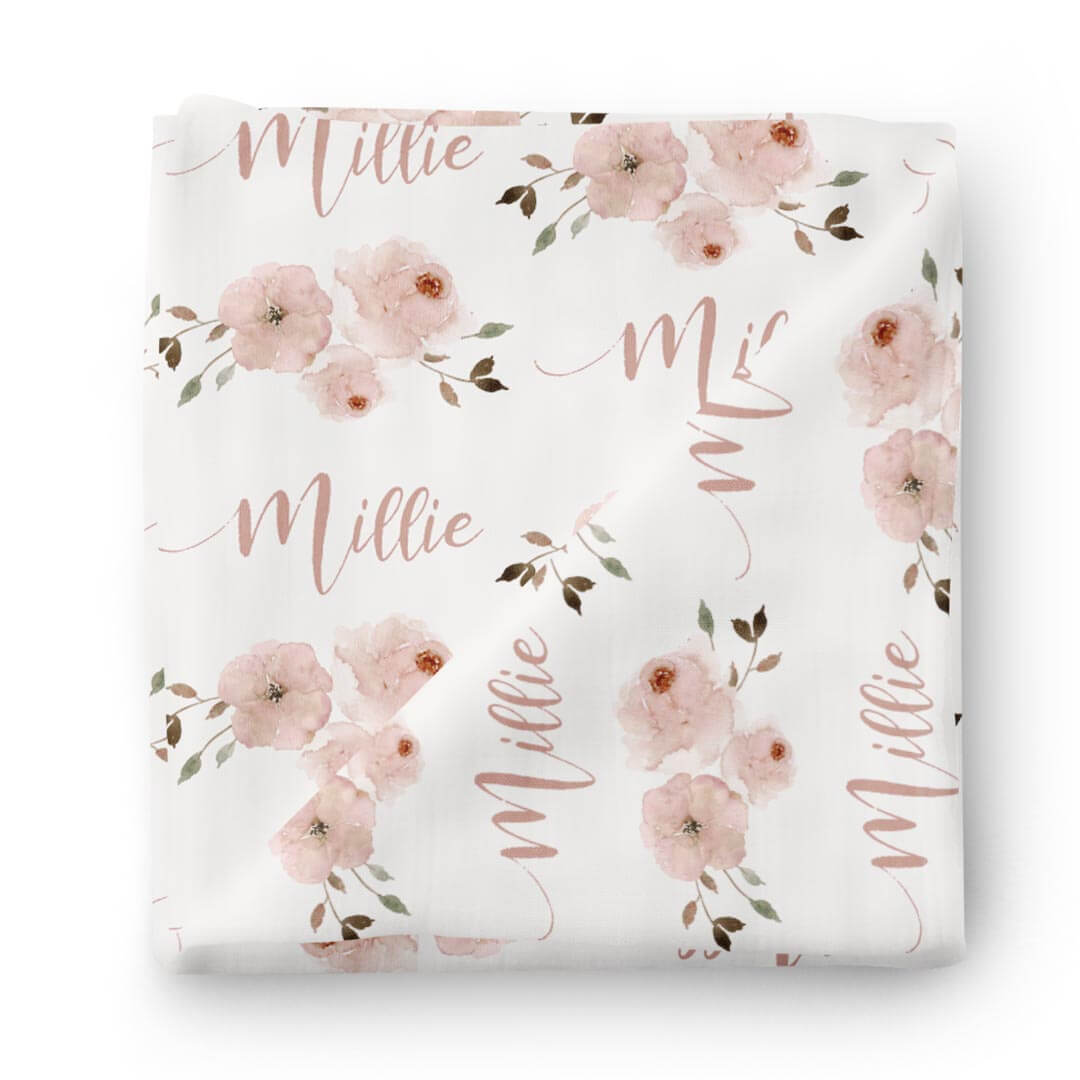 pink floral personalized baby name swaddle blanket 