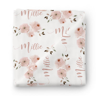 pink floral personalized baby name swaddle blanket 