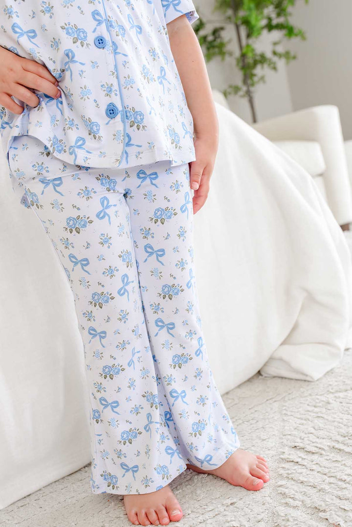 closeup of tied in blooms flare lounge pant for girls