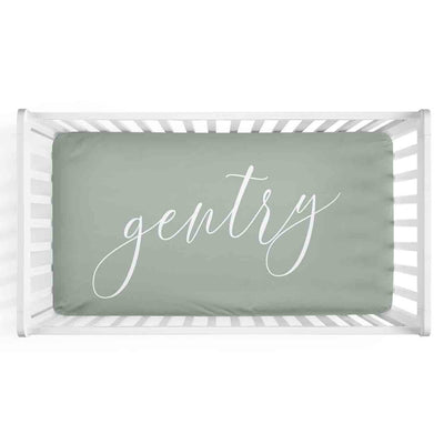 Personalized Baby Name Sage Green Color Jersey Knit Crib Sheet in Centered Script Style
