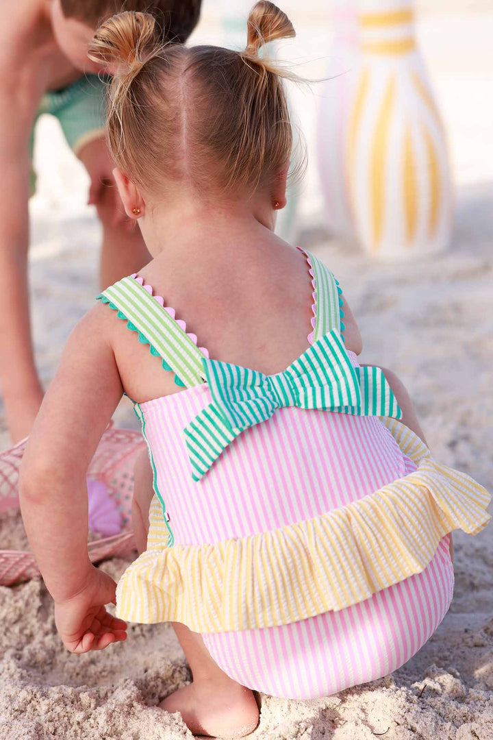 color block seersucker skirt one piece for girls with bow back 