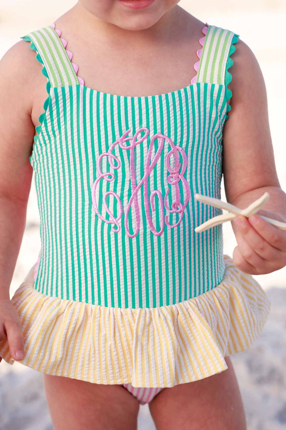 multicolor seersucker one piece with skirt and script embroidery monogram