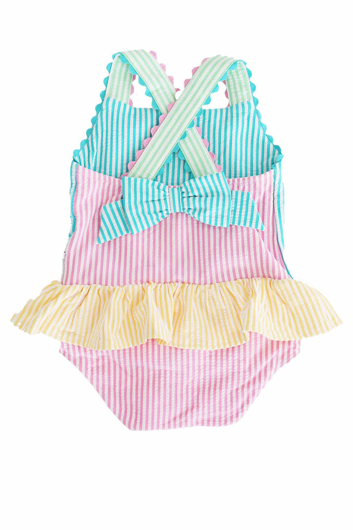 color block seersucker one piece with bow back