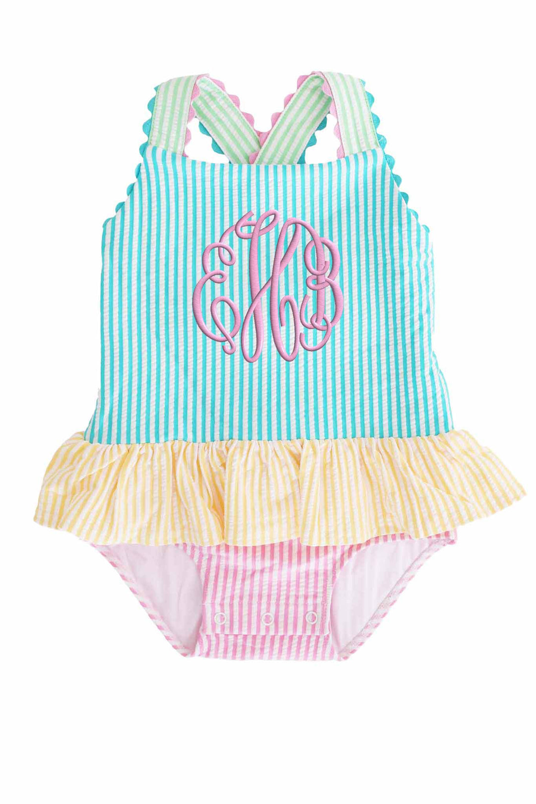 block seersucker one piece with skirt with script monogram 