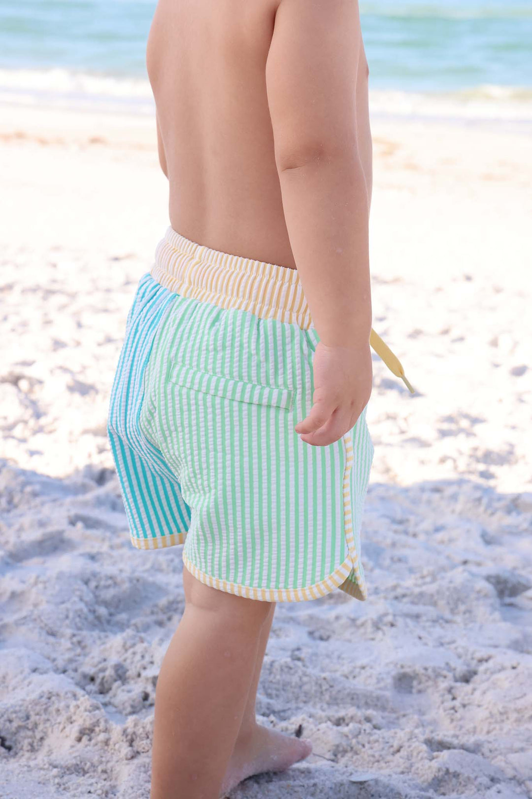 back view of multicolor swim trunks for boys with seersucker print 