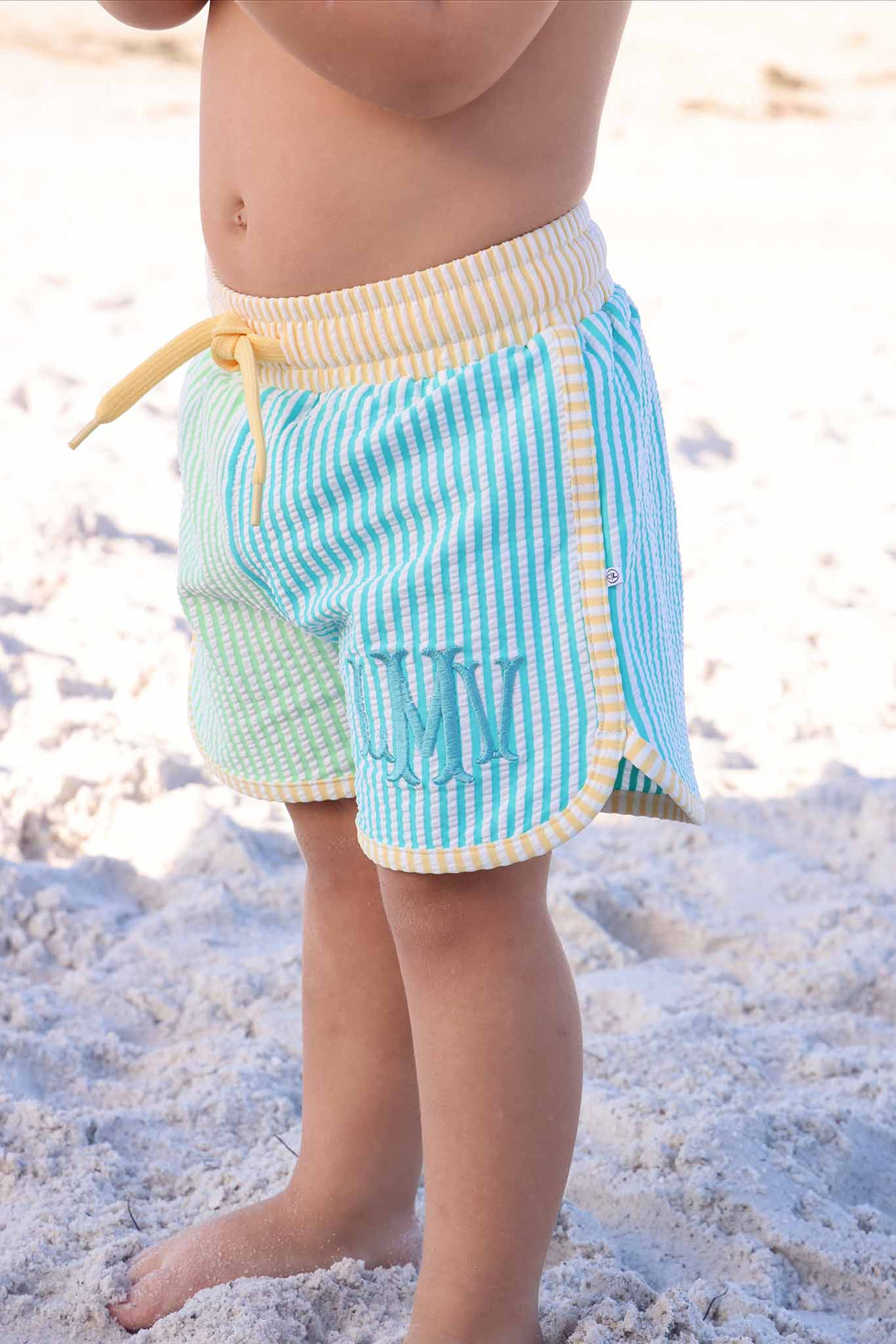 closeup of monogrammed multicolor seersucker swim trunks for boys 
