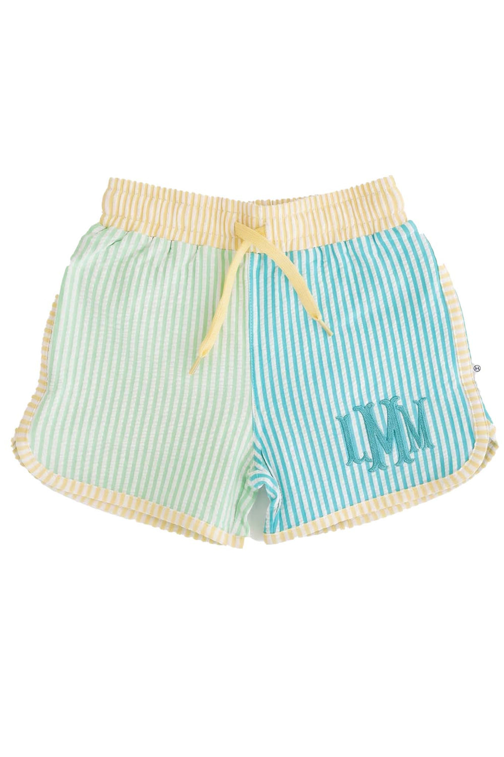 multicolor seersucker boy's swim trunks with monogram