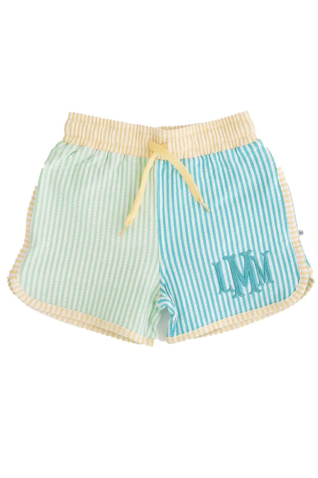 multicolor seersucker boy's swim trunks with monogram