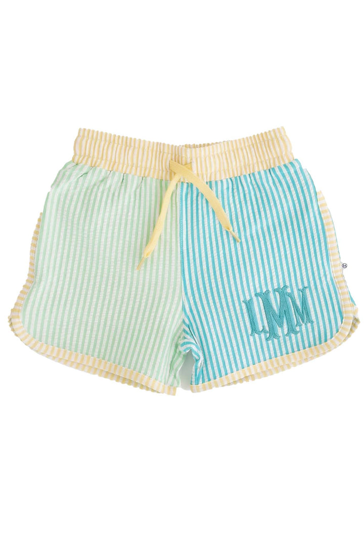 multicolor seersucker boy's swim trunks with monogram