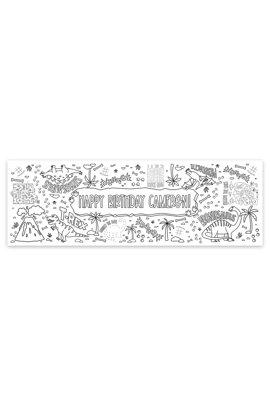 Personalized dinosaur-themed coloring banner reading 'Happy Birthday Cameron!' surrounded by black-and-white line art of T-Rex, Stegosaurus, Brontosaurus, Pterodactyl, a volcano, and activities like mazes and word search