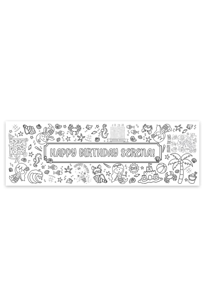 Personalized mermaid and ocean-themed coloring banner reading 'Happy Birthday Serena!' surrounded by black-and-white line art of mermaids, seashells, crabs, seahorses, and a sandcastle, with activity games like a maze and word search