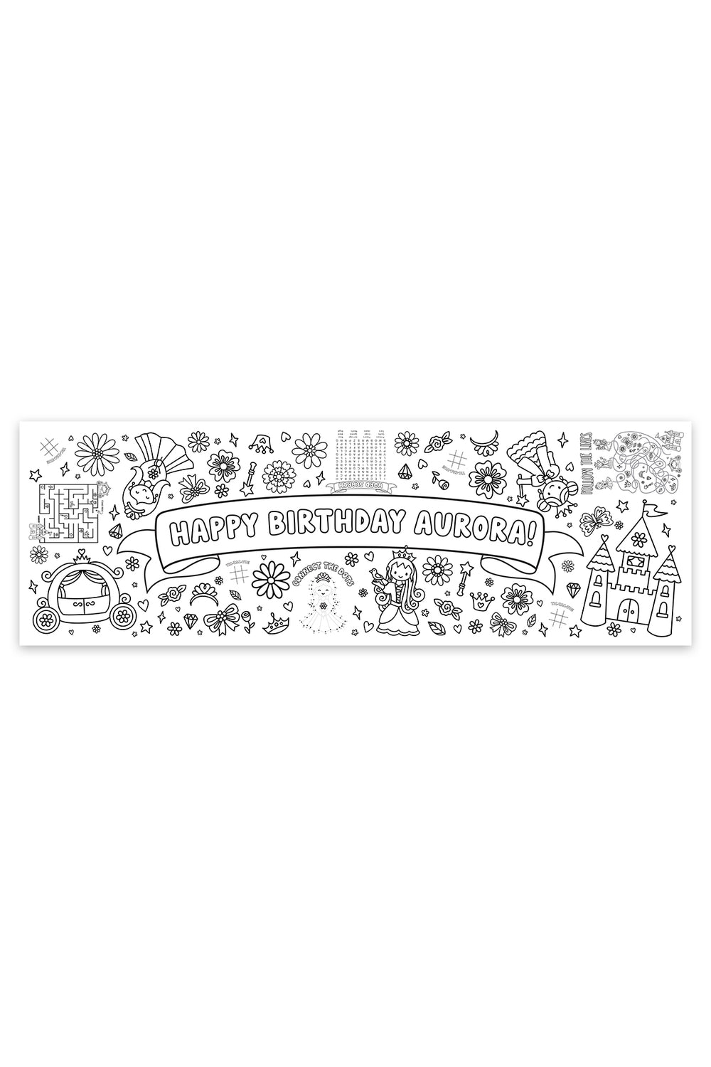 Personalized princess-themed coloring banner reading 'Happy Birthday Aurora!' surrounded by black-and-white line art of a princess, castle, carriage, flowers, and crowns, with activities like a maze and word search.