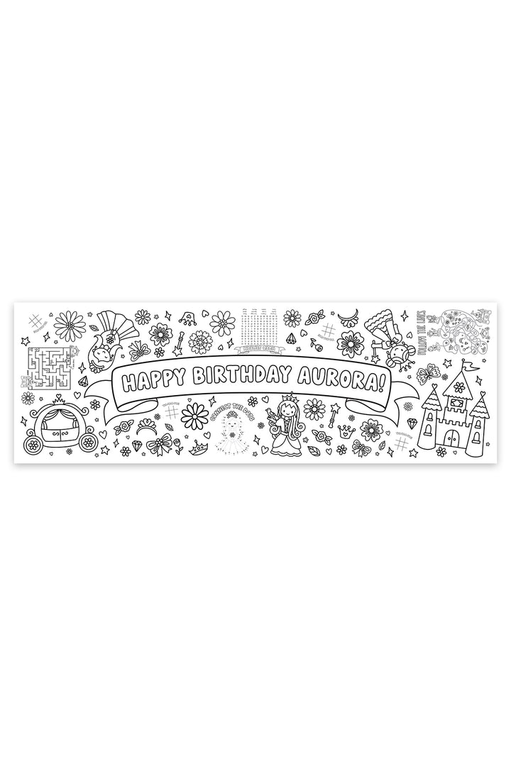 Personalized princess-themed coloring banner reading 'Happy Birthday Aurora!' surrounded by black-and-white line art of a princess, castle, carriage, flowers, and crowns, with activities like a maze and word search.