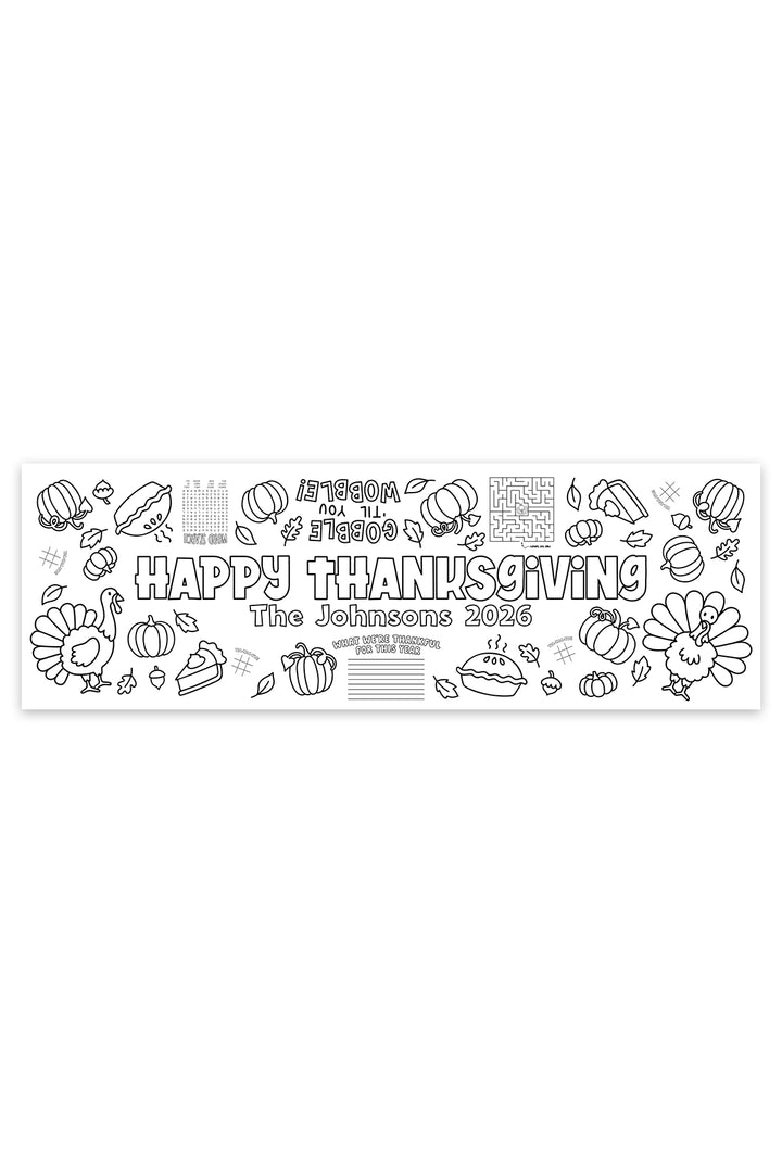 Personalized Happy Thanksgiving coloring banner with family name and year, turkeys, pumpkins, pies, maze, and thankful list