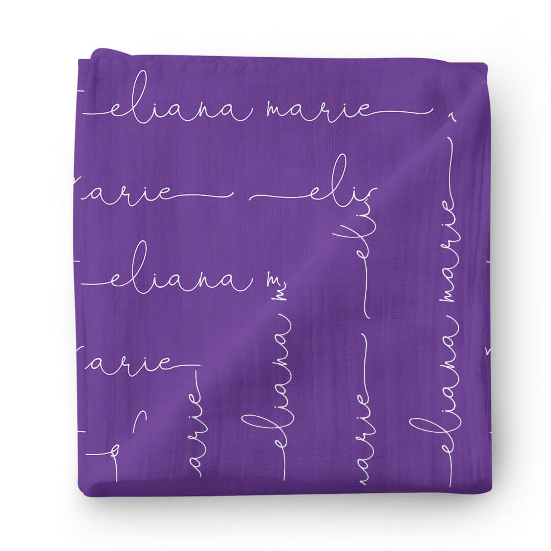 nyu purple personalized swaddle script font 