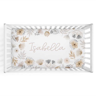 neutral floral personalized crib sheet