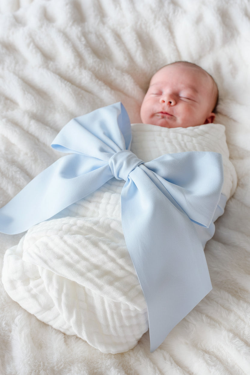 baby wrapped in light blue bow sash