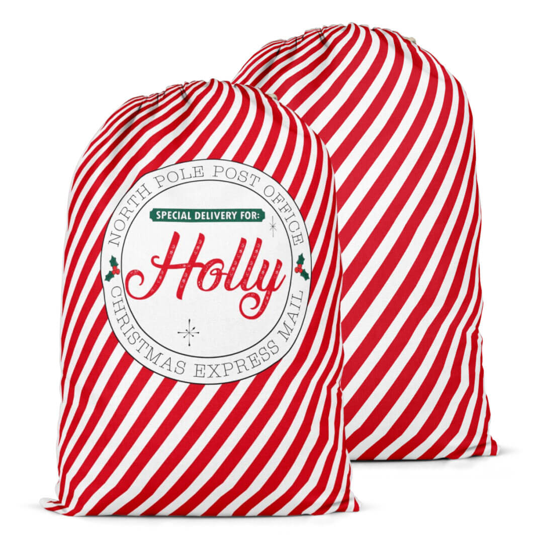 red and white stripes christmas personalized santa sack