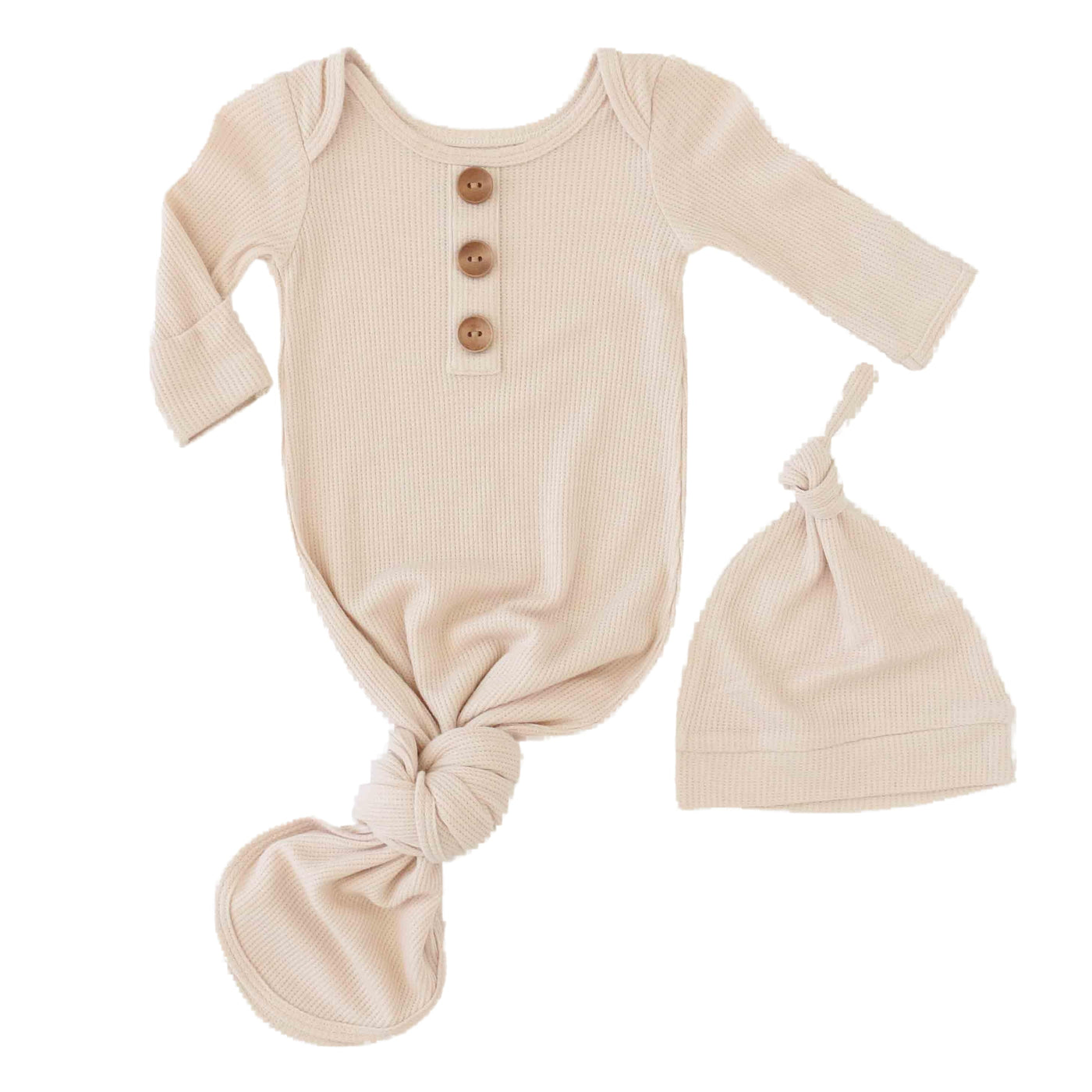 newborn knot gown and hat set oatmeal waffle 