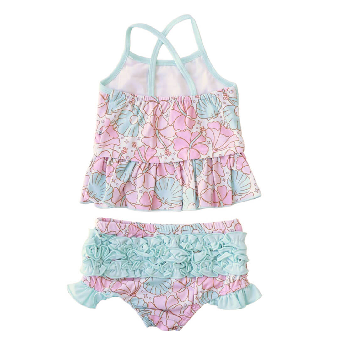 pink and blue two piece strappy tankini with ruffle bottom