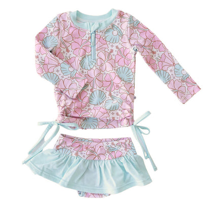 pearl and flower rash guard top with ruffle skirt