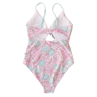 cutout women's one piece blue and pink clam and flower 