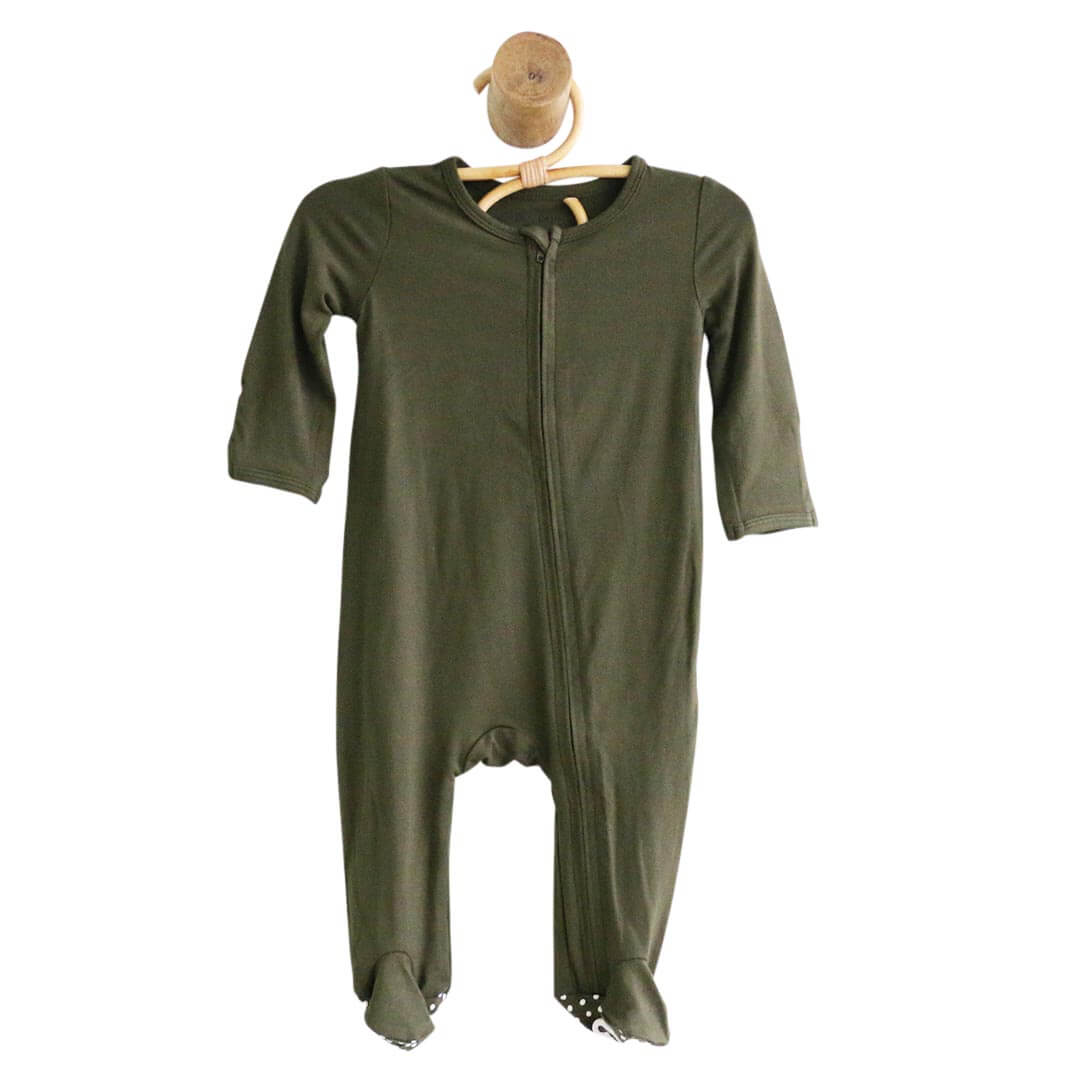 zipper footie with grips olive green 
