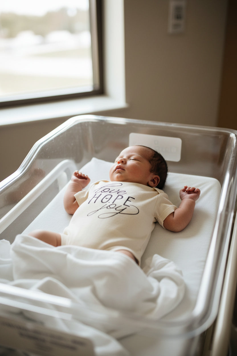 natural cotton baby bodysuit with love hope joy graphic, a heartfelt gift for ivf families