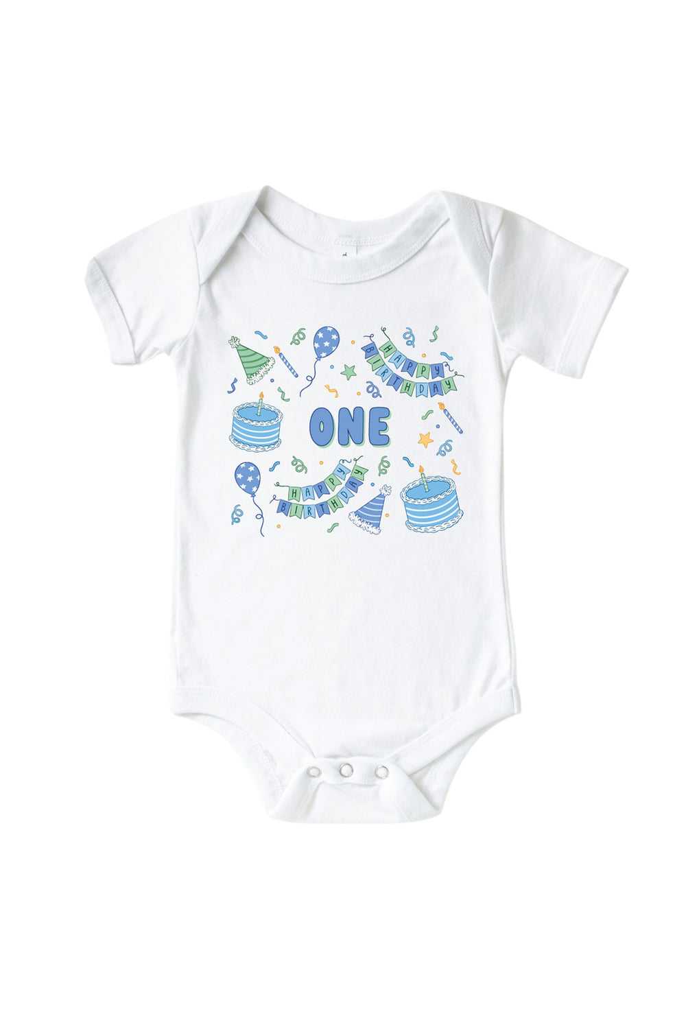 Caden Lane Birthday Bash white baby bodysuit with "ONE" printed in blue bubble letters, surrounded by cake and party hat print in blue and green.