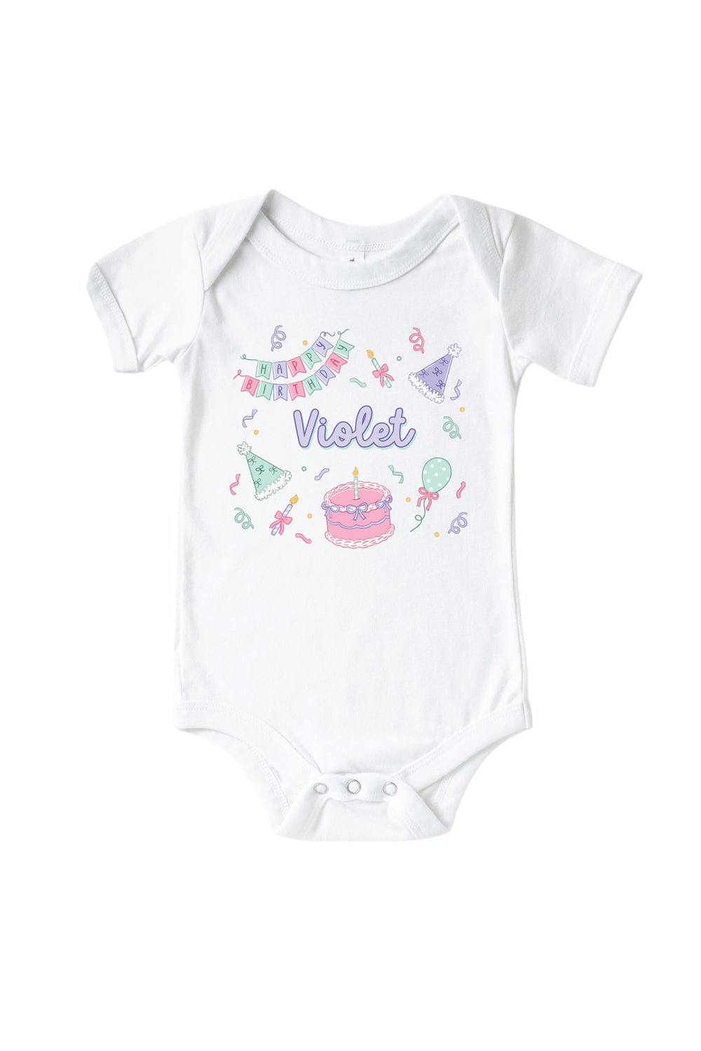 Caden Lane personalized Birthday Bash white baby bodysuit with a pink "Happy Birthday" banner, party hats, cake, and the name "Violet" in purple.