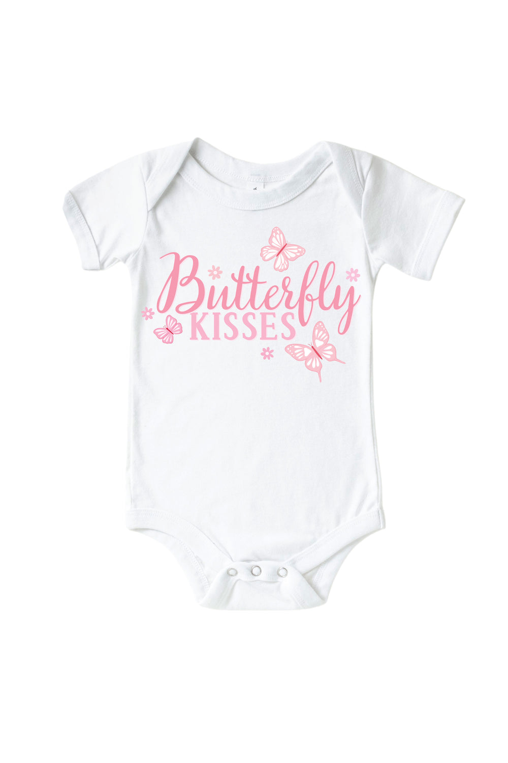 Butterfly Kisses Graphic Bodysuit in Blooming Butterflies print -  with pink "Butterfly Kisses" script and butterfly graphics