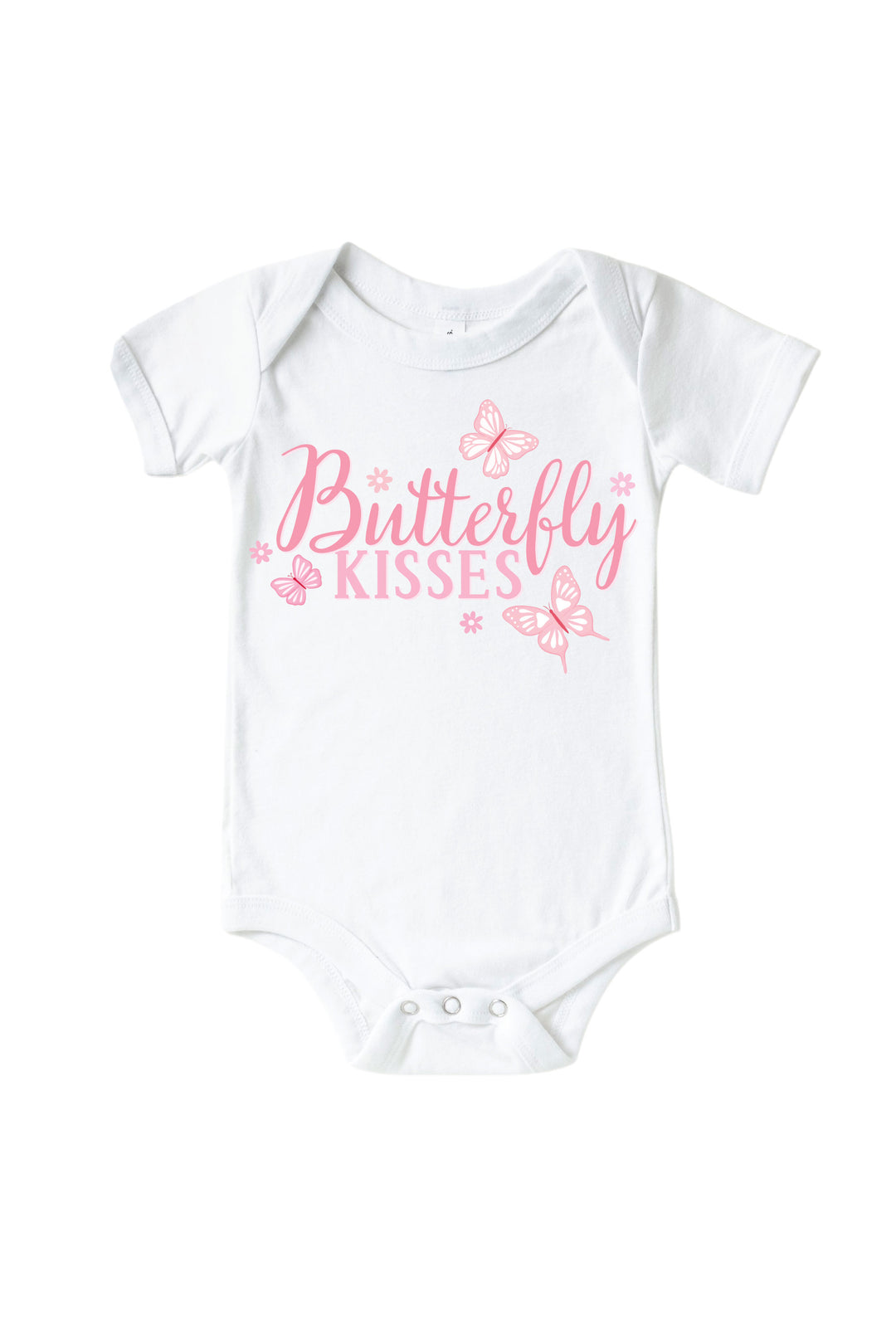 Butterfly Kisses Graphic Bodysuit in Blooming Butterflies print -  with pink "Butterfly Kisses" script and butterfly graphics