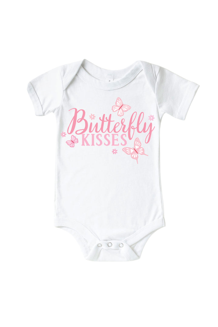 Butterfly Kisses Graphic Bodysuit in Blooming Butterflies print -  with pink "Butterfly Kisses" script and butterfly graphics