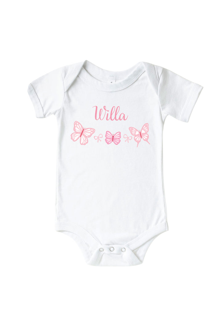 Personalized Blooming Butterflies Graphic Bodysuit in White - white short-sleeve baby bodysuit with personalized name and pink butterfly graphic on the chest