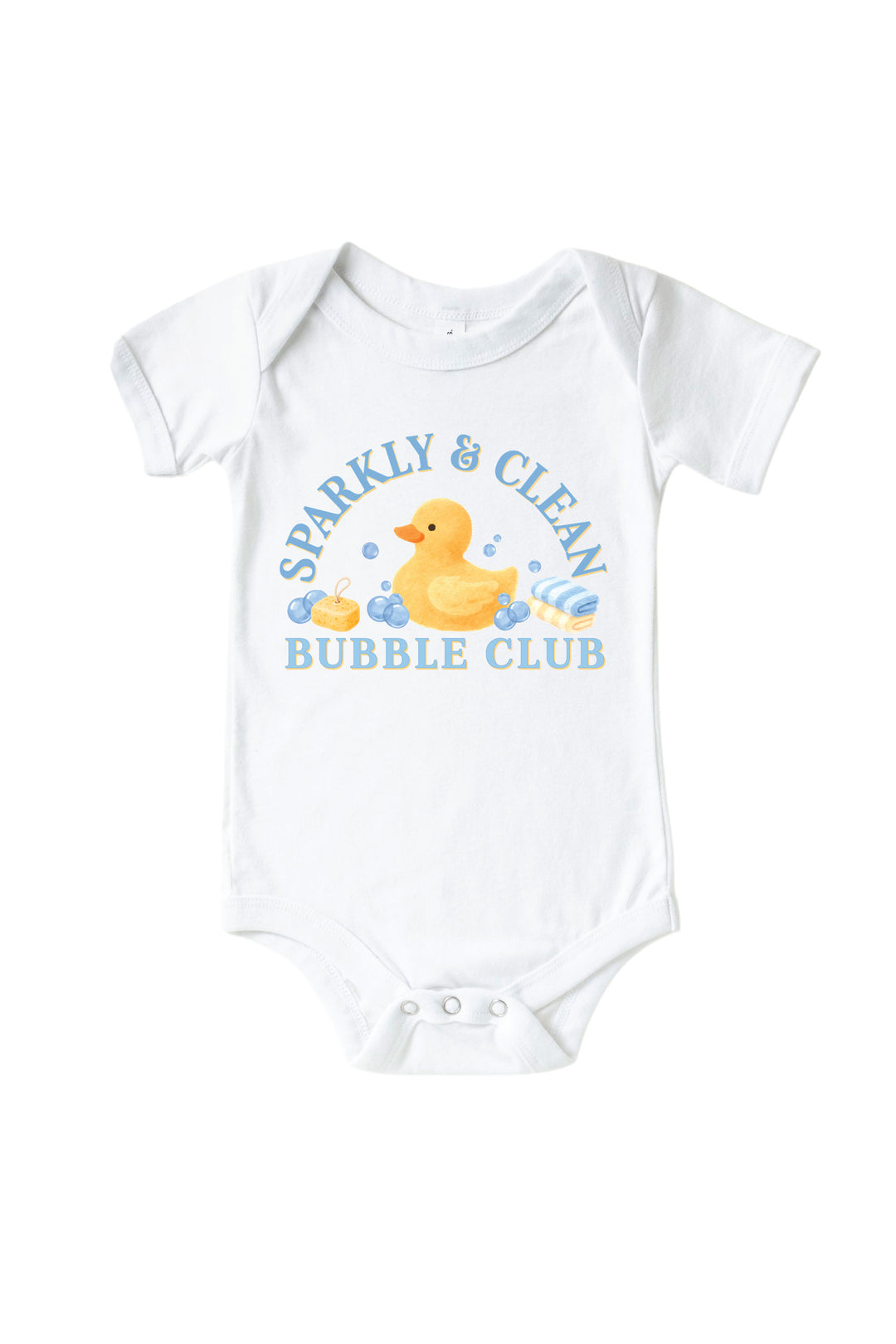 White baby bodysuit with blue Sparkly and Clean Bubble Club graphic featuring yellow rubber duck with bubbles on front