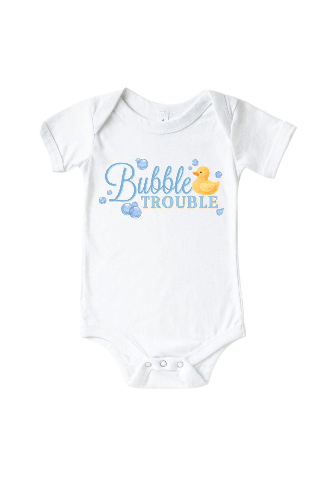 White baby bodysuit with blue Bubble Trouble cursive text graphic and yellow rubber duck with bubbles on front