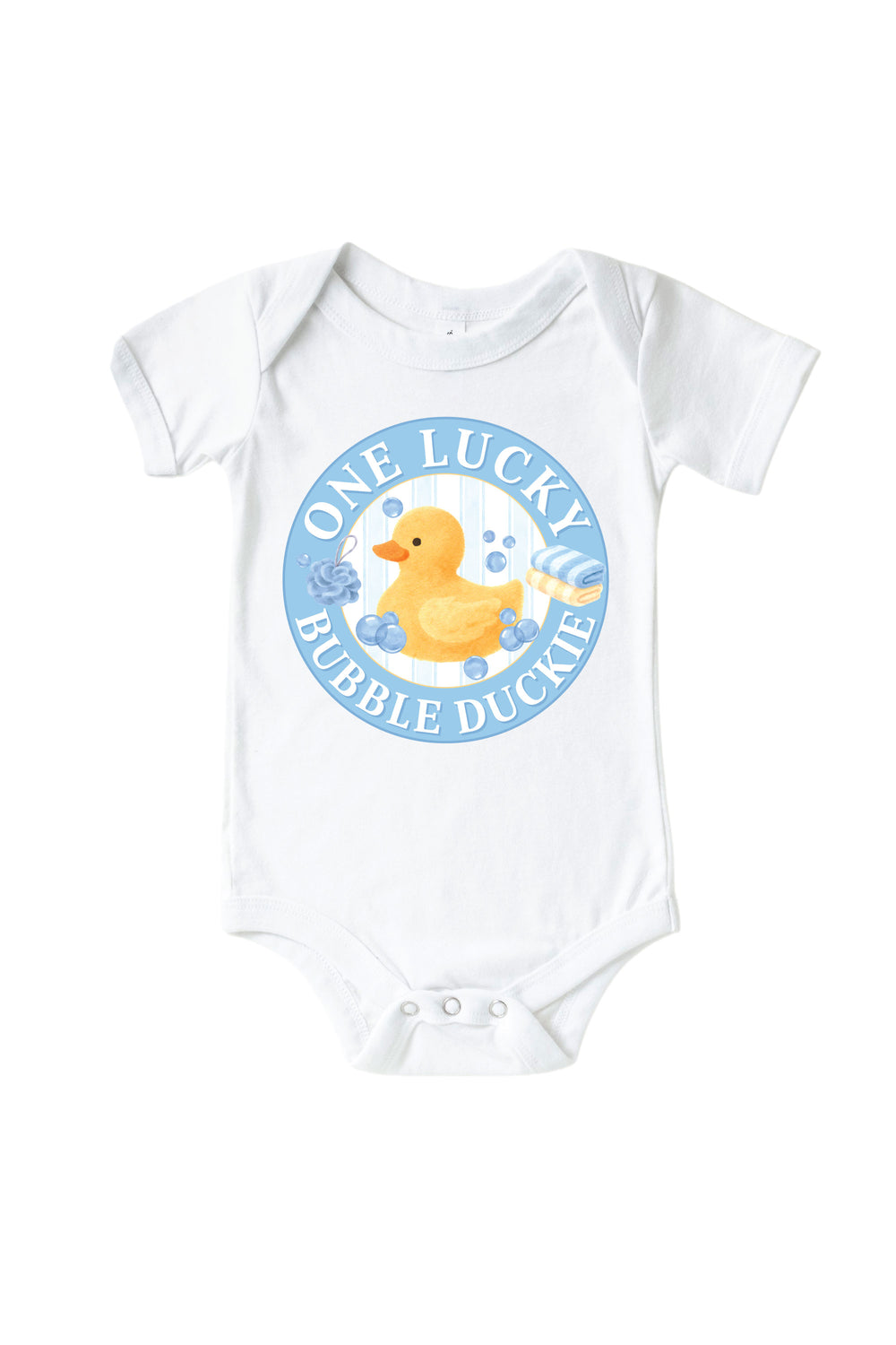 White baby bodysuit with blue circle One Lucky Bubble Duckie graphic featuring yellow rubber duck with bubbles on front