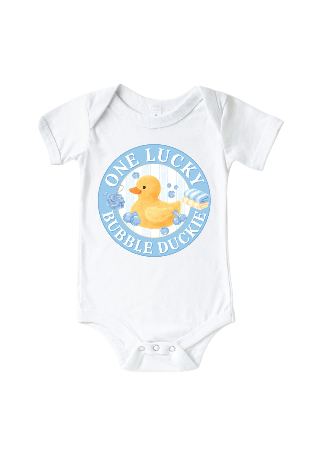 White baby bodysuit with blue circle One Lucky Bubble Duckie graphic featuring yellow rubber duck with bubbles on front