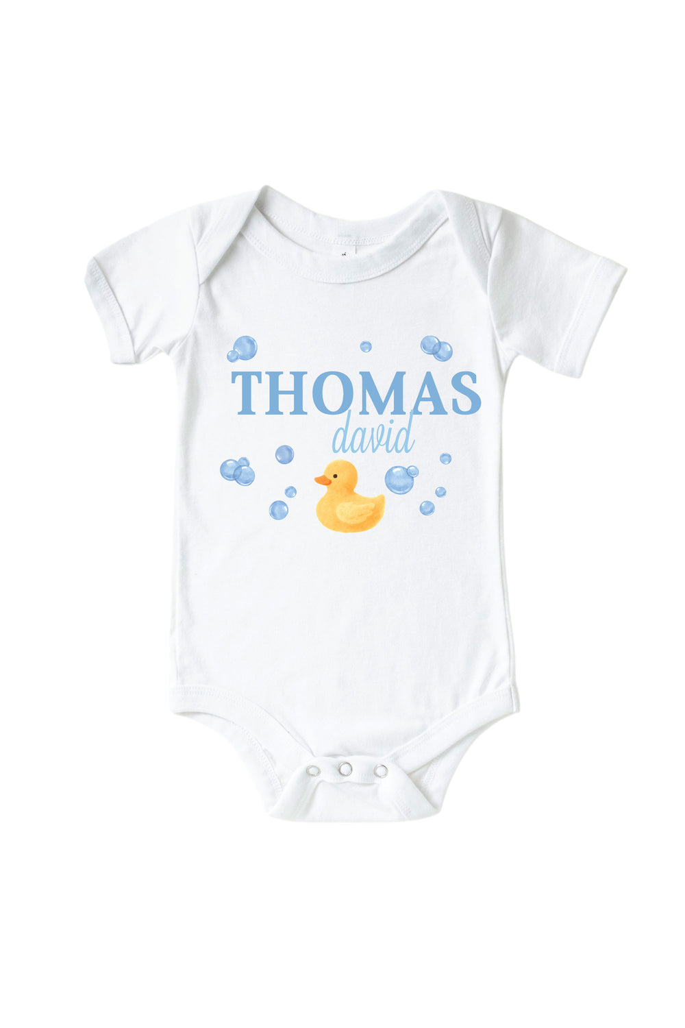 White baby bodysuit with personalized blue bubble duckie graphic design featuring yellow rubber duck, blue bubbles, and custom name on front