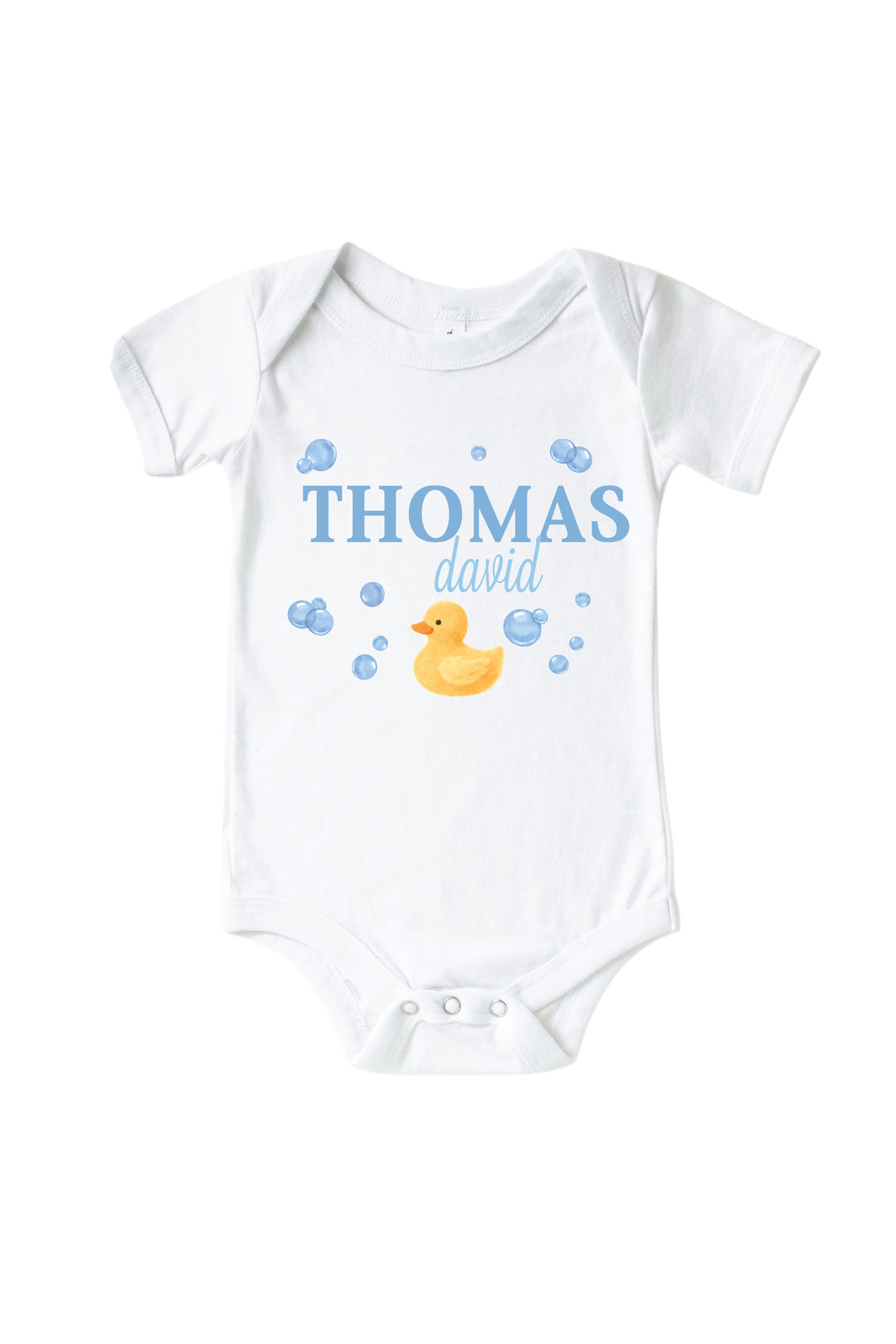White baby bodysuit with personalized blue bubble duckie graphic design featuring yellow rubber duck, blue bubbles, and custom name on front