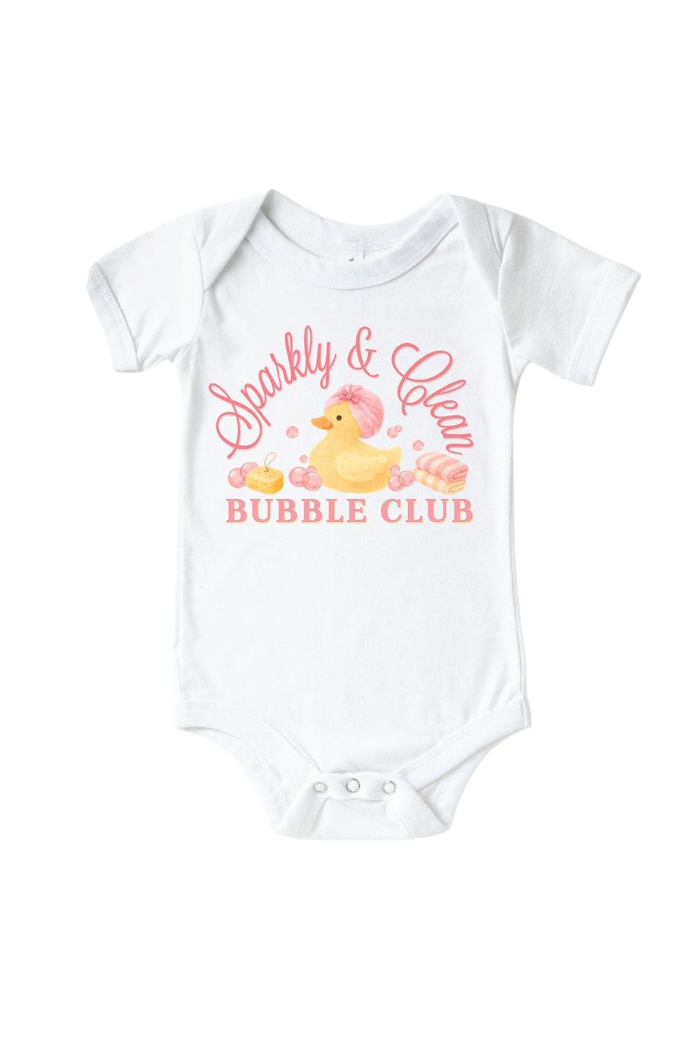 White baby bodysuit with pink Sparkly and Clean Bubble Club graphic featuring yellow rubber duck with pink bubbles on front