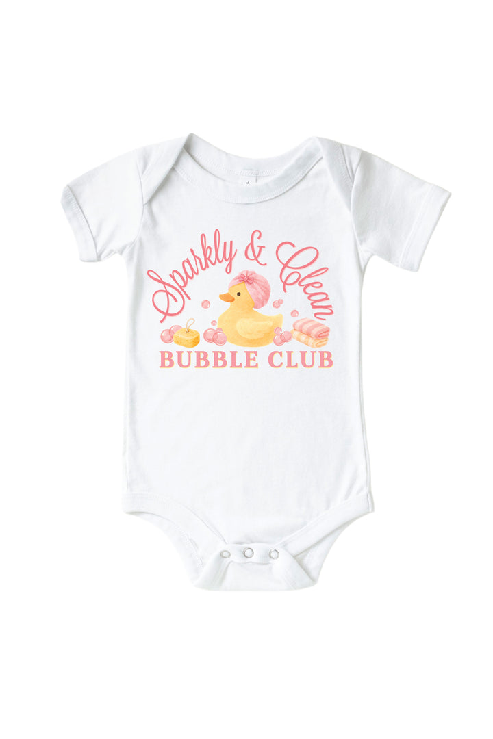 White baby bodysuit with pink Sparkly and Clean Bubble Club graphic featuring yellow rubber duck with pink bubbles on front