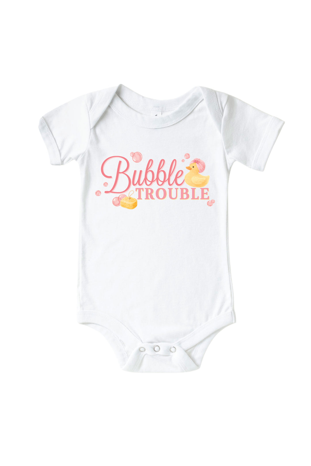 White baby bodysuit with pink Bubble Trouble cursive text graphic and yellow rubber duck with pink bubbles on front