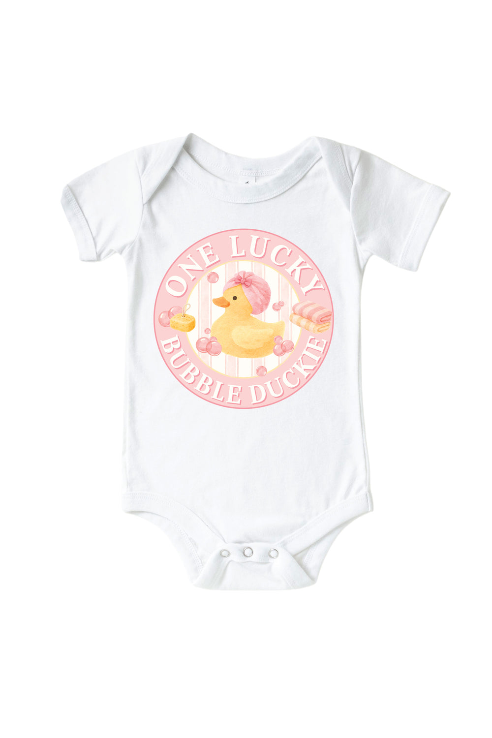 White baby bodysuit with pink circle One Lucky Bubble Duckie graphic featuring yellow rubber duck with pink bow and bubbles on front